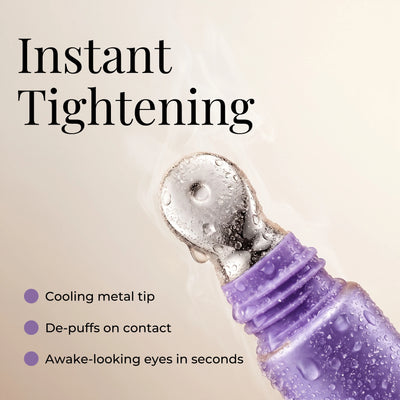 Instant Tightening: close-up of the cooling metal tip of Zyren Contour Lift Eye Cream covered in water droplets