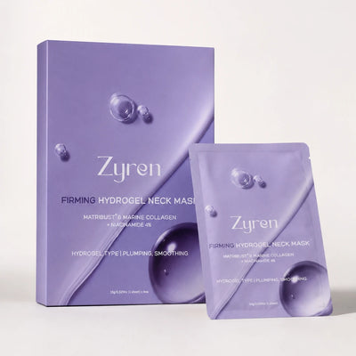 Zyren Firming Hydrogel Neck Mask box with a single sealed mask sachet in front of it