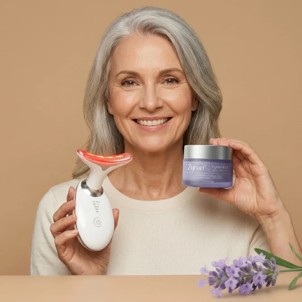 Smiling woman holding the Zyren LED neck sculptor and a jar of Zyren Tighten & Lift Neck Cream