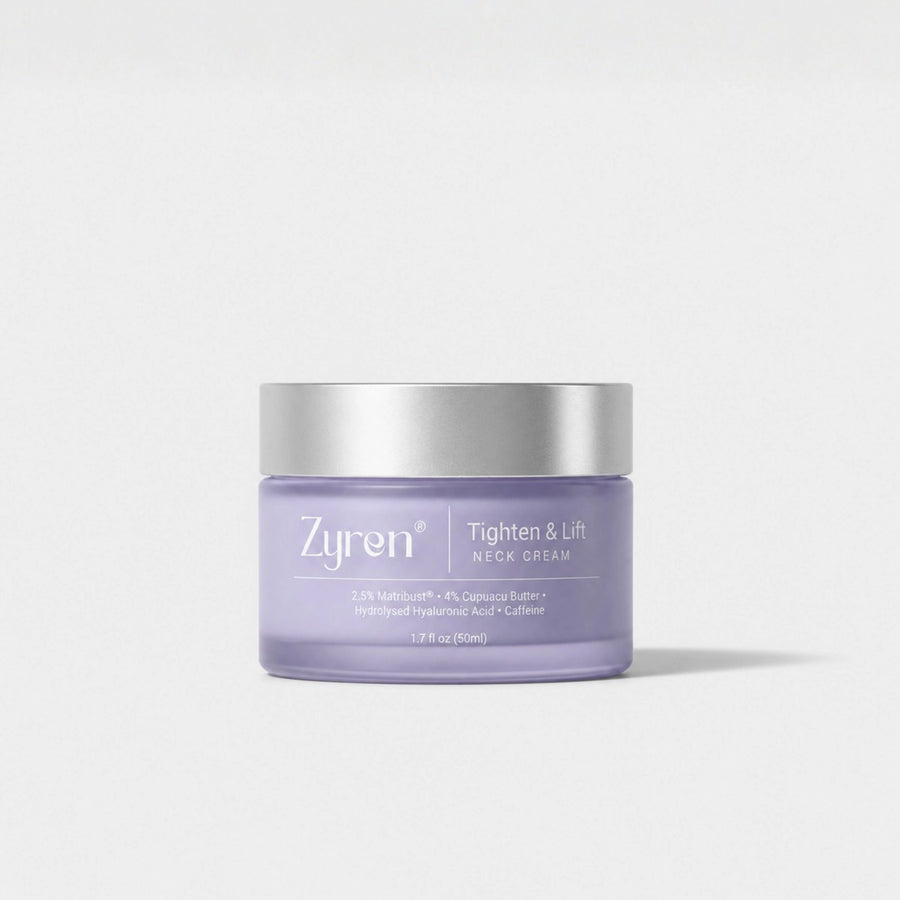 Zyren Tighten & Lift Neck Cream 50ml jar with a silver lid and water droplets on a white background