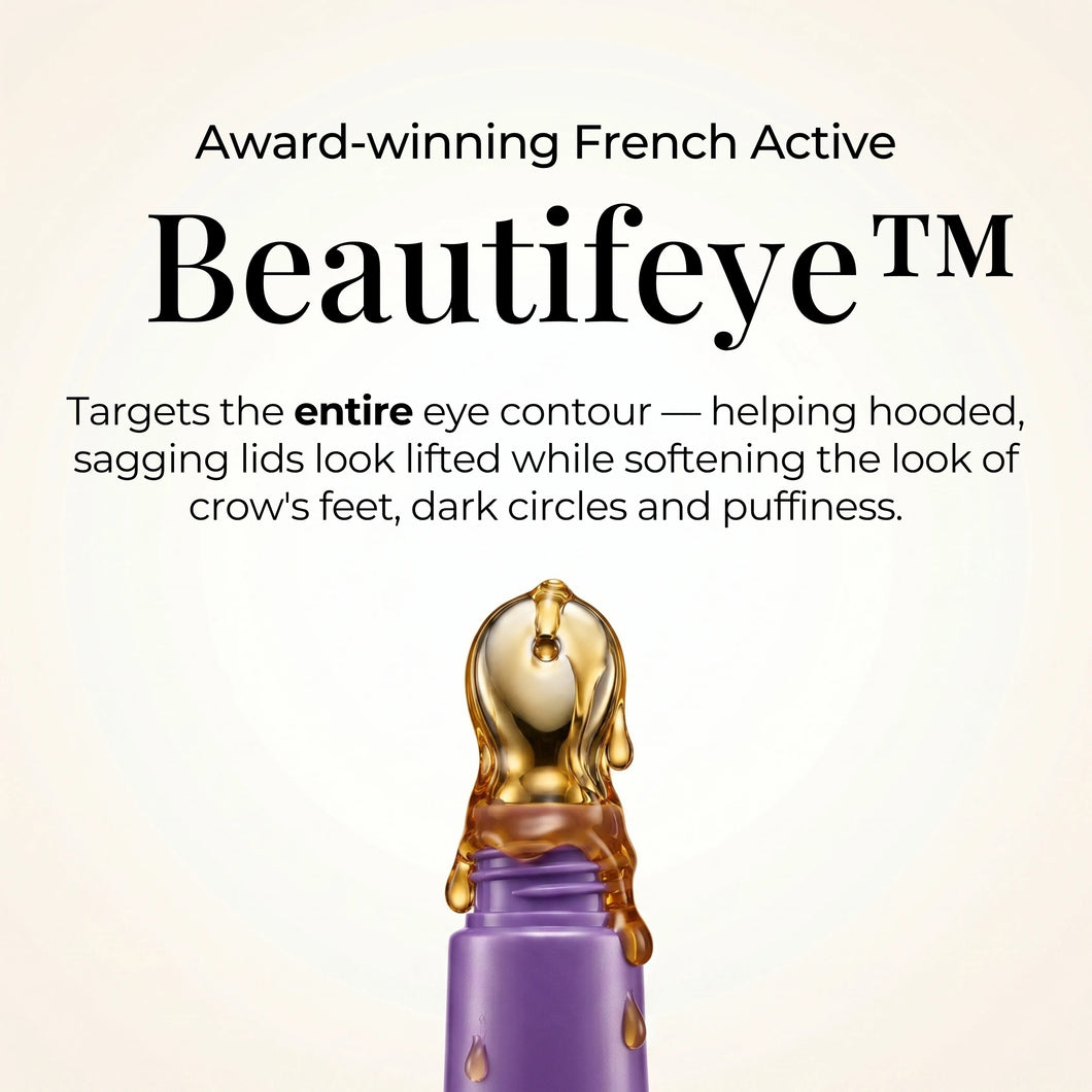 Beautifeye infographic: the award-winning French active in Zyren Contour Lift Eye Cream, shown on the metal tip
