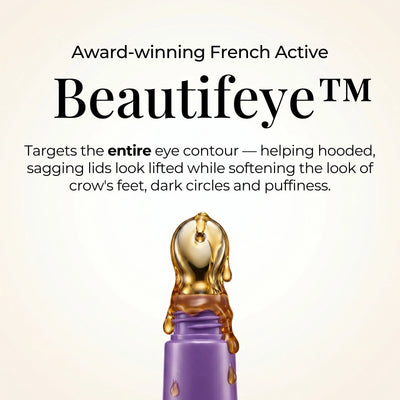 Beautifeye infographic: the award-winning French active in Zyren Contour Lift Eye Cream, shown on the metal tip