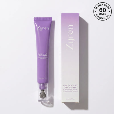 Zyren Contour Lift Eye Cream 20ml tube with a metal-tip applicator next to its lilac box