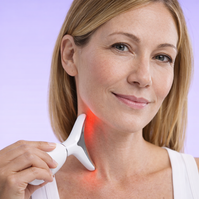 Woman using the Zyren 7-in-1 LED Facial Sculptor with red light on the side of her neck