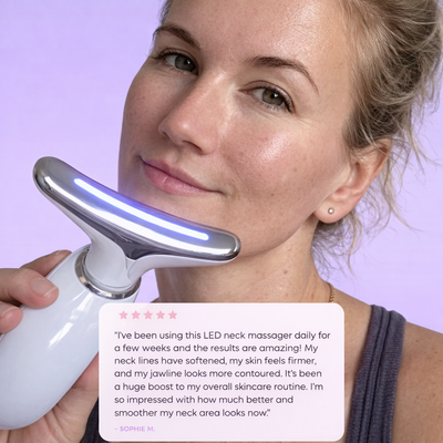 Woman holding the Zyren 7-in-1 LED Facial Sculptor with blue light to her jaw, with a 5-star review from Sophie M.