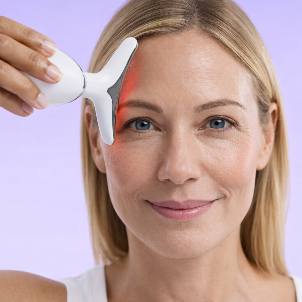 Woman using the Zyren 7-in-1 LED Facial Sculptor with red light on her forehead